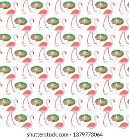 Seamless pattern with flamingo, flowers and leaves water lilies. Tropical exotic bird background. Design for poster or print.