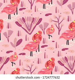 Patrón sin foco con flamingo. Fondo vectorial del patrón forestal