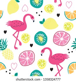 seamless pattern with flamingo and fruits, kiwi, citron, orange, pineapple, grapefruit