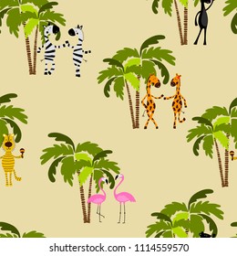 Seamless pattern with flamingo, giraffe, zebra, tiger, panther and palm trees. Wildlife. Jungle.