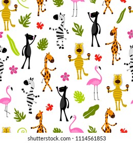 Seamless pattern with flamingo, giraffe, zebra, tiger, panther and palm trees. Wildlife. Jungle.