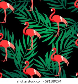 Seamless pattern with flamingo and green palm branches. Ornament for textile and wrapping. Vector summer background.