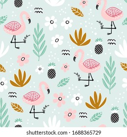 Seamless pattern with flamingo and hand drawn elements. Creative vector childish background for fabric, textile