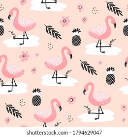 Patrón sin brillo con flamingo y elementos dibujados a mano. Fondo infantil vectorial creativo para tela, textil