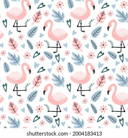 Seamless pattern with flamingo and hand drawn elements. Creative vector childish background for fabric, textile