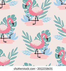 Patrón sin brillo con flamingo y elementos dibujados a mano. Fondo infantil vectorial creativo para tela, textil
