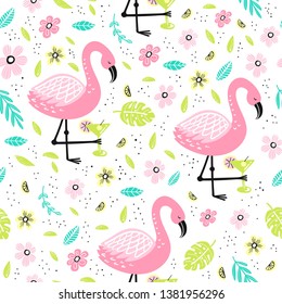 Seamless pattern with flamingo and hand-drawn elements. Creative vector childish background for fabric, textile