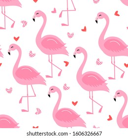 Seamless pattern of flamingo and heart on white background vector illustration. Cute cartoon character.