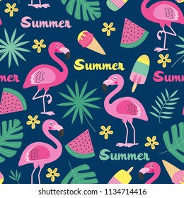 seamless pattern with flamingo, ice cream, watermelon, tropical leaf -  vector illustration, eps