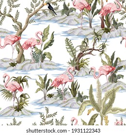 Seamless pattern with flamingo and jungles trees. Trendy tropical print.