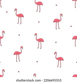 Seamless Pattern Flamingo Kawaii, Cute Cartoon Bird. Background, Wallpaper For Printing On Clothing Packaging.