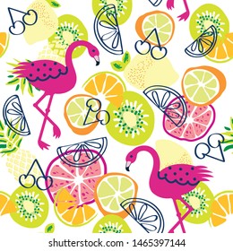 seamless pattern with flamingo, kiwi, cherry, orange, citron, grapefruit, pineapple vector illustration