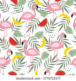 Seamless pattern of flamingo with leaves Cartoon hand drawn animal background in child style Design used for printing, wallpaper, fabric, textile, vector illustration