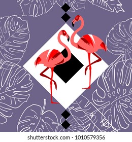 Seamless pattern of flamingo, leaves monstera, tropical leaves of palm tree. Vector background.