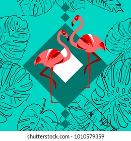 Seamless pattern of flamingo, leaves monstera, tropical leaves of palm tree. Vector background.