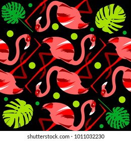 Seamless pattern of flamingo, leaves monstera, tropical leaves of palm tree. Vector background.