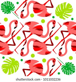 Seamless pattern of flamingo, leaves monstera, tropical leaves of palm tree. Vector background.