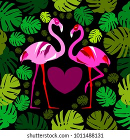 Seamless pattern of flamingo, leaves monstera, tropical leaves of palm tree. Vector background.