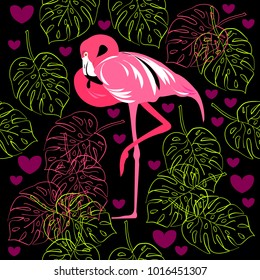 Seamless pattern of flamingo, leaves monstera, tropical leaves of palm tree. Vector background.