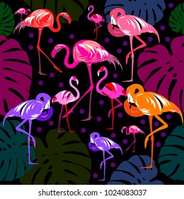 Seamless pattern of flamingo, leaves monstera, tropical leaves of palm tree. Vector background.

