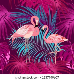 Seamless pattern of flamingo, leaves monstera. Tropical leaves of palm tree and flowers. Vector background.