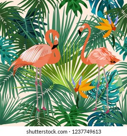 Seamless pattern of flamingo, leaves monstera. Tropical leaves of palm tree and flowers. Vector background.