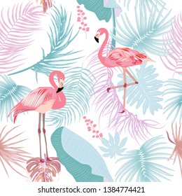 Seamless pattern of flamingo, leaves monstera. Tropical leaves of palm tree and flowers. Vector background.