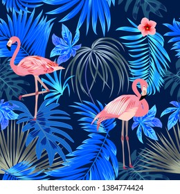 Seamless pattern of flamingo, leaves monstera. Tropical leaves of palm tree and flowers. Vector background.