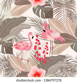 Seamless pattern of flamingo, leaves monstera. Tropical leaves of palm tree and flowers. Vector background.