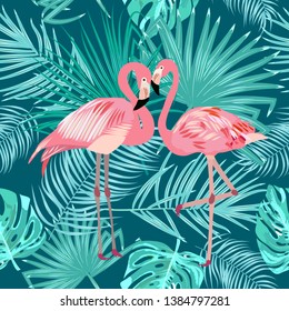 Seamless pattern of flamingo, leaves monstera. Tropical leaves of palm tree and flowers. Vector background.