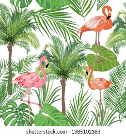 Seamless pattern of flamingo, leaves monstera. Tropical leaves of palm tree and flowers. Vector background.