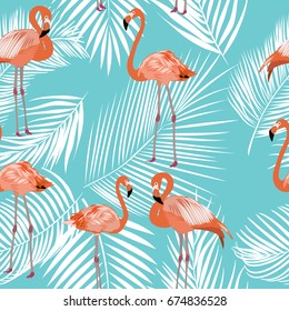 Seamless pattern of flamingo, leaves monstera, tropical leaves of palm tree. Vector background.
