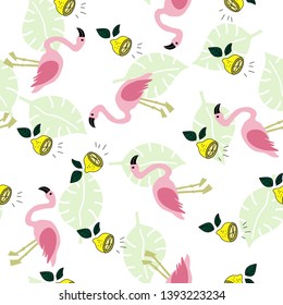 Seamless pattern with flamingo, lemon and green monstera leaves on the white background. Tropical illustration. Trendy fashion design. Vector.