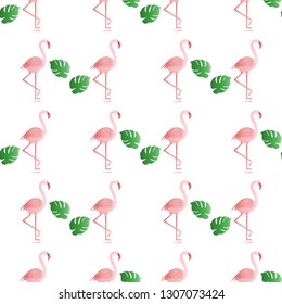 Seamless pattern with flamingo, monstera leaves. Tropical exotic background. Design for banner, poster, textile, print.