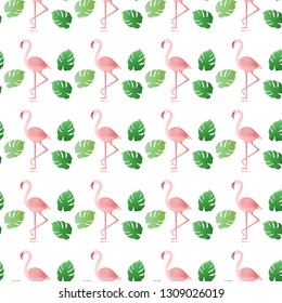 Seamless pattern with flamingo, monstera leaves. Tropical exotic background. Design for banner, poster, textile, print.