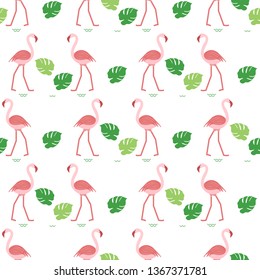 Seamless pattern with flamingo, monstera leaves. Tropical exotic background. Design for banner, poster, textile, print.