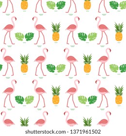 Seamless pattern with flamingo, monstera leaves, pineapples. Tropical exotic background. Design for banner, poster, textile, print.