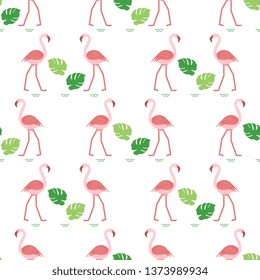 Seamless pattern with flamingo, monstera leaves. Tropical exotic background. Design for banner, poster, textile, print.