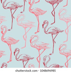 Seamless pattern with flamingo on the blue background