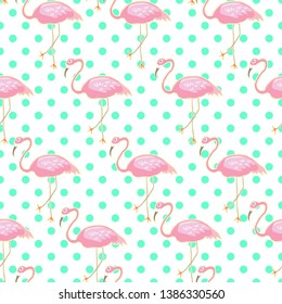 Seamless pattern with Flamingo on green background.