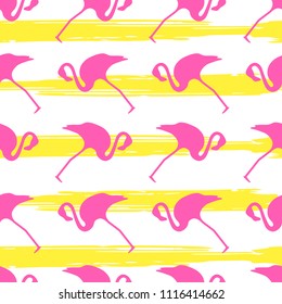 Seamless pattern with flamingo on a striped background.