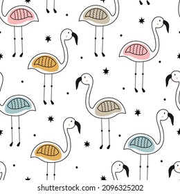 Seamless pattern flamingo on a white background Hand drawn design in children style. Used for prints, wallpaper, fabrics, textiles. Vector illustration