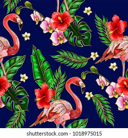 Patrón sin inconvenientes con flamingo, hojas de palma y bordado de hibisco. Textura tropical para impresión.