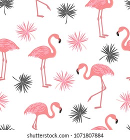 Seamless pattern with flamingo and palm leaves. Vector tropical background.