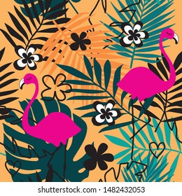 seamless pattern with flamingo and palm leaves vector illustration
