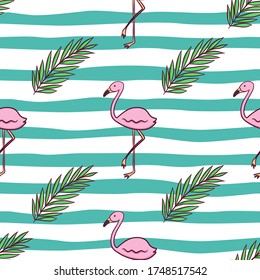 seamless pattern of flamingo and palm leaves with colored doodle style