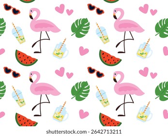 Seamless pattern with flamingo, palm leaves, watermelon. Vector illustration of summer pattern, perfect for background, wrapping paper, packaging