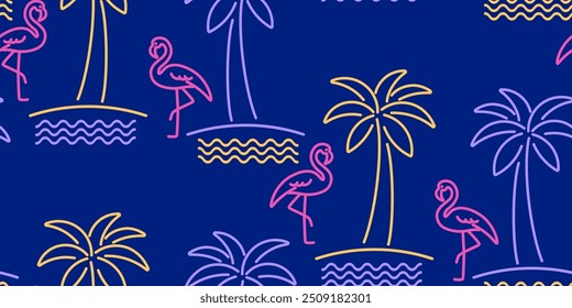 Seamless pattern with flamingo and palm trees in modern neon color. Outline minimal illustration.