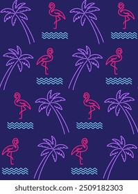 Seamless pattern with flamingo and palm trees in modern neon color. Outline minimal illustration.