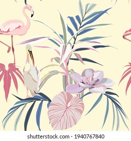 Seamless pattern with flamingo, pelicane bird and pink plue tropical leaves. Simple design to fabric. Light pattern. Yellow background.